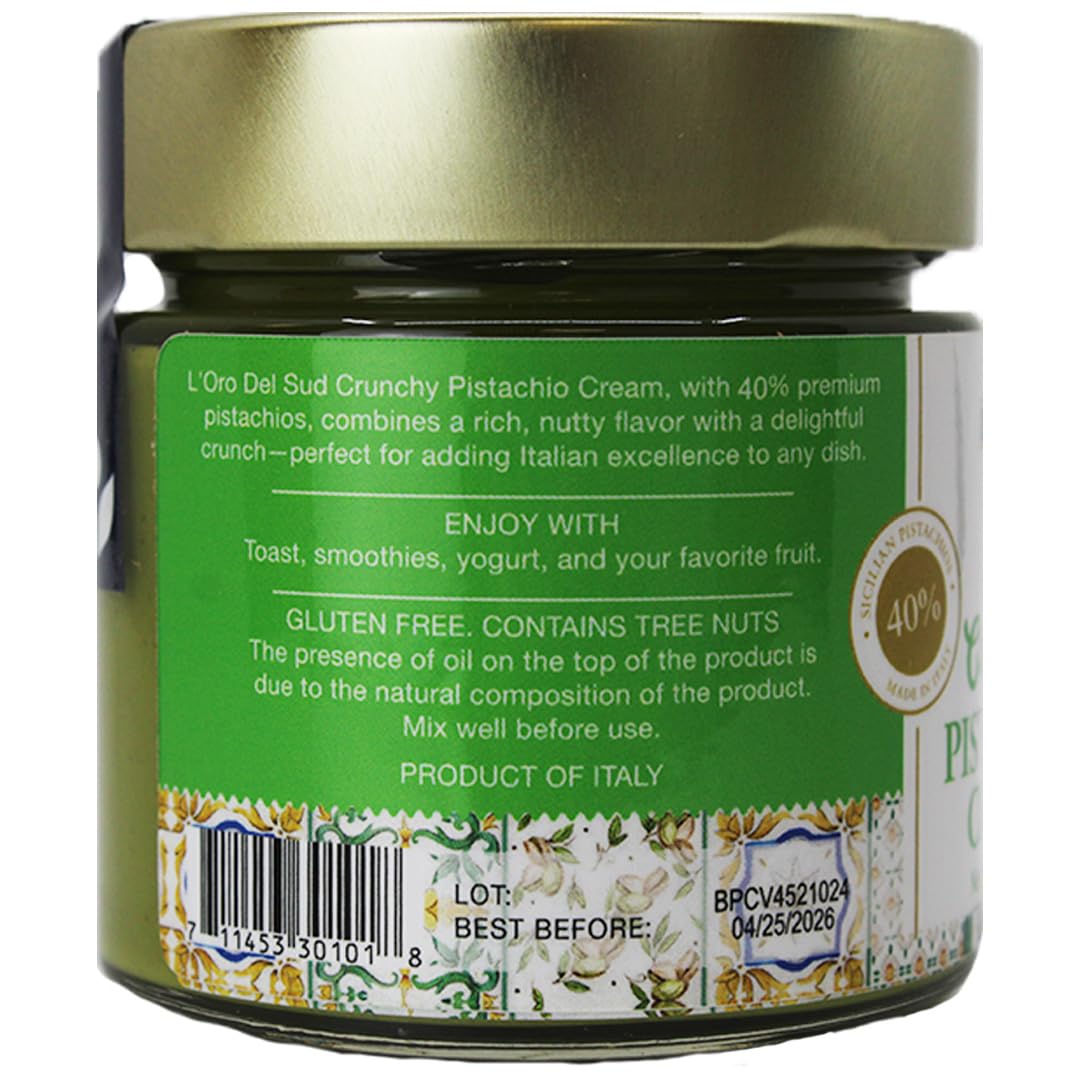 LOro Del Sud, Crunchy Pistachio Cream Premium 40% Pistachios, 7oz (200g)