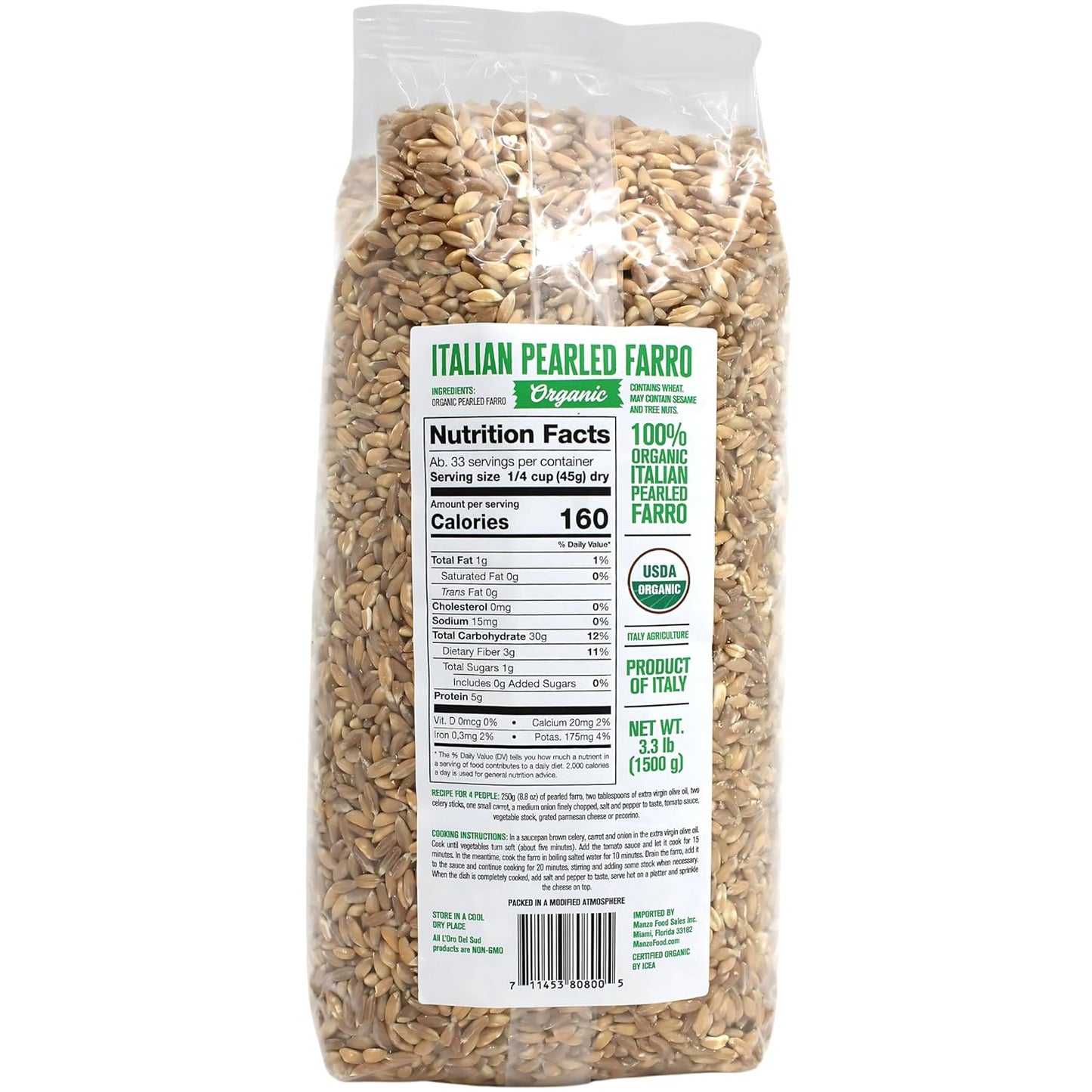 L’Oro Del Sud, Organic Italian Pearled Farro, 3.2 lb (1.5 kg)