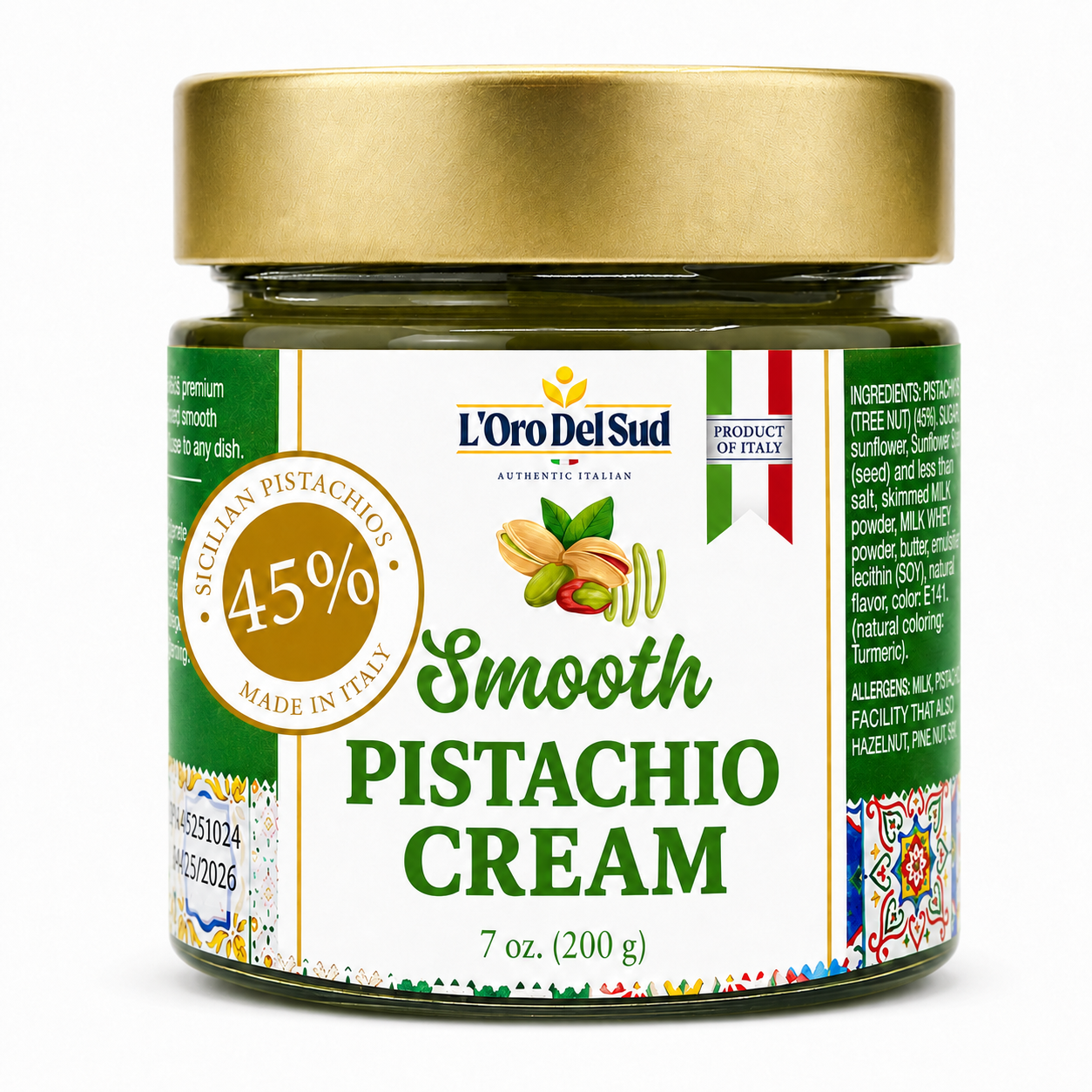 LOro Del Sud, Pistachio Cream Premium 45% Pistachios, 7oz (200g)