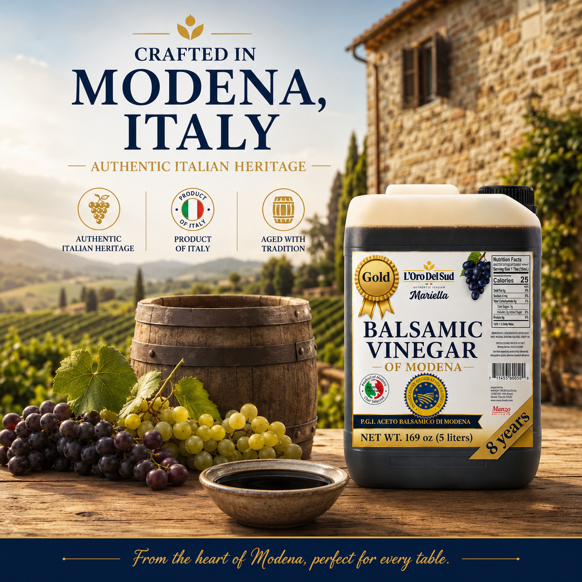L'Oro Del Sud, "Gold Label" 8 year Aged Balsamic Vinegar of Modena, IGP Certified, 5 liters (169 fl oz)