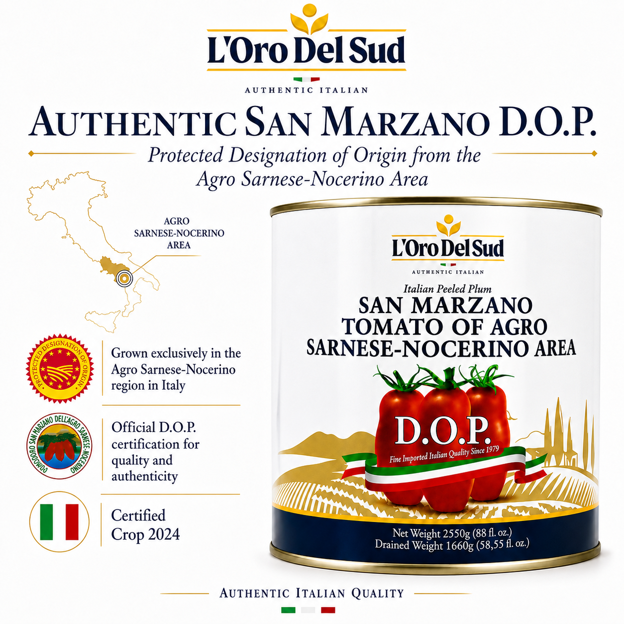 L'Oro Del Sud, D.O.P San Marzano Tomatoes of Agro Sarnese-Nocerino Area, (88 fl. oz) 2550g