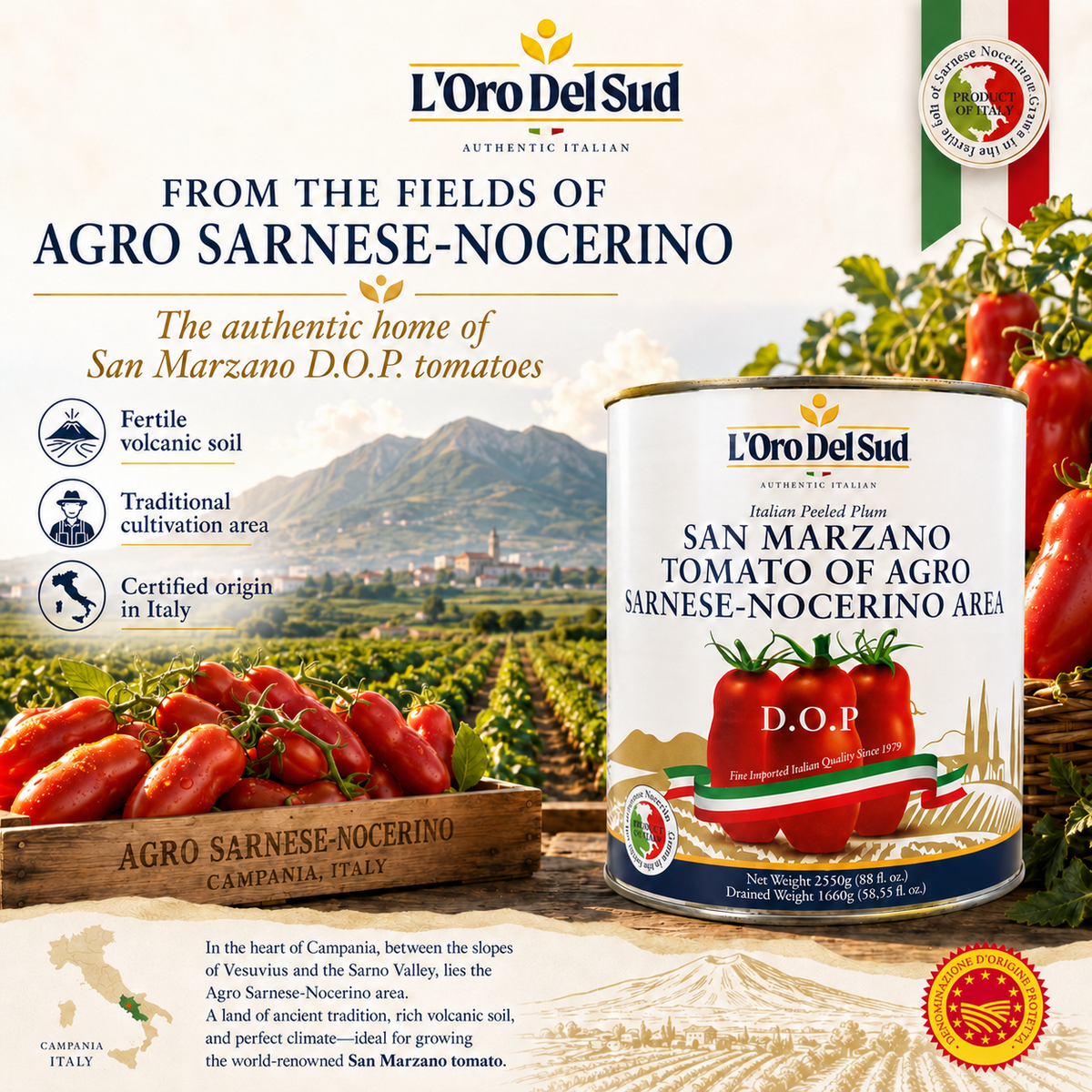 L'Oro Del Sud, D.O.P San Marzano Tomatoes of Agro Sarnese-Nocerino Area, (88 fl. oz) 2550g