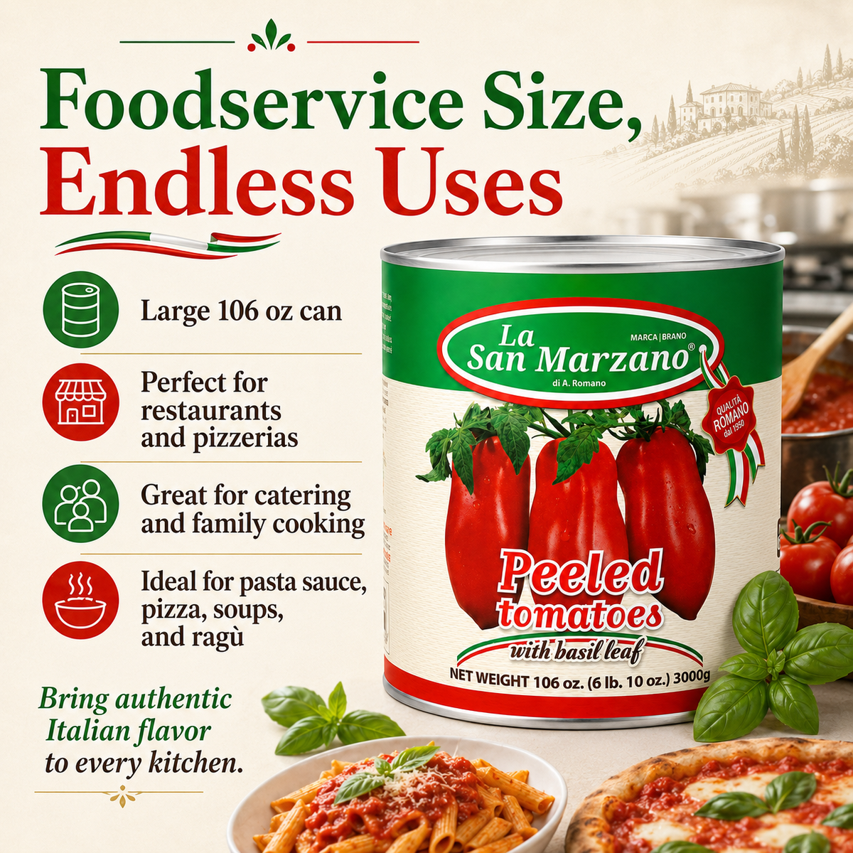 La San Marzano Whole Peeled Plum Tomatoes – 3.4 kg (106 oz) Can