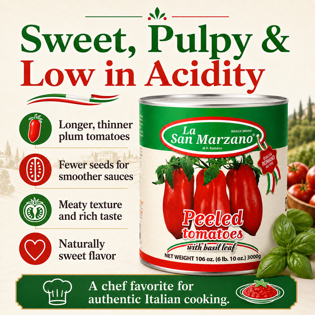La San Marzano Whole Peeled Plum Tomatoes – 3.4 kg (106 oz) Can