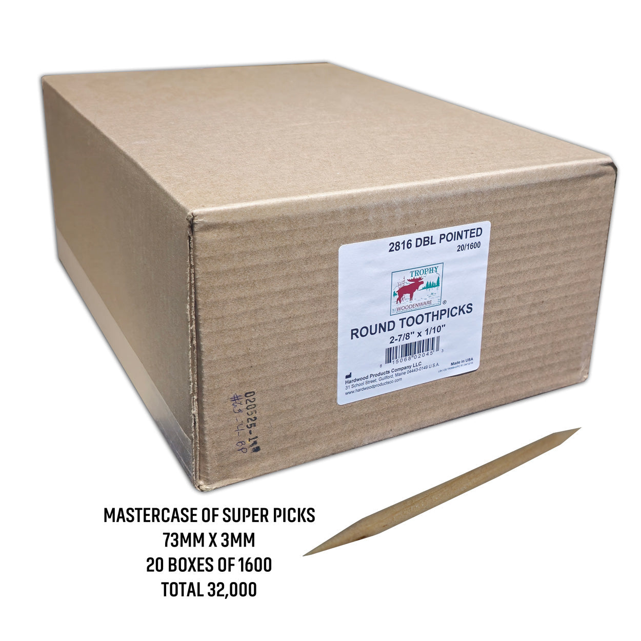 32000 Qty Double Point Oversized DP2 Toothpicks In Master Case Cardboard Box 20x1600
