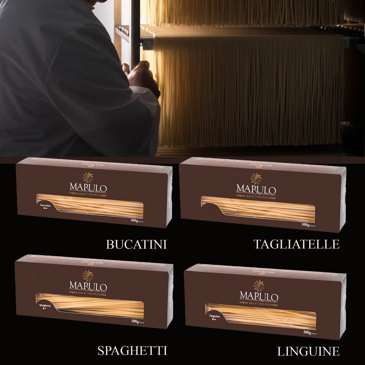 Marulo Exclusive Gourmet Pasta Gift Box – 8 x 1.1 lb (500g) | Bronze Die-Cut | Made in Italy