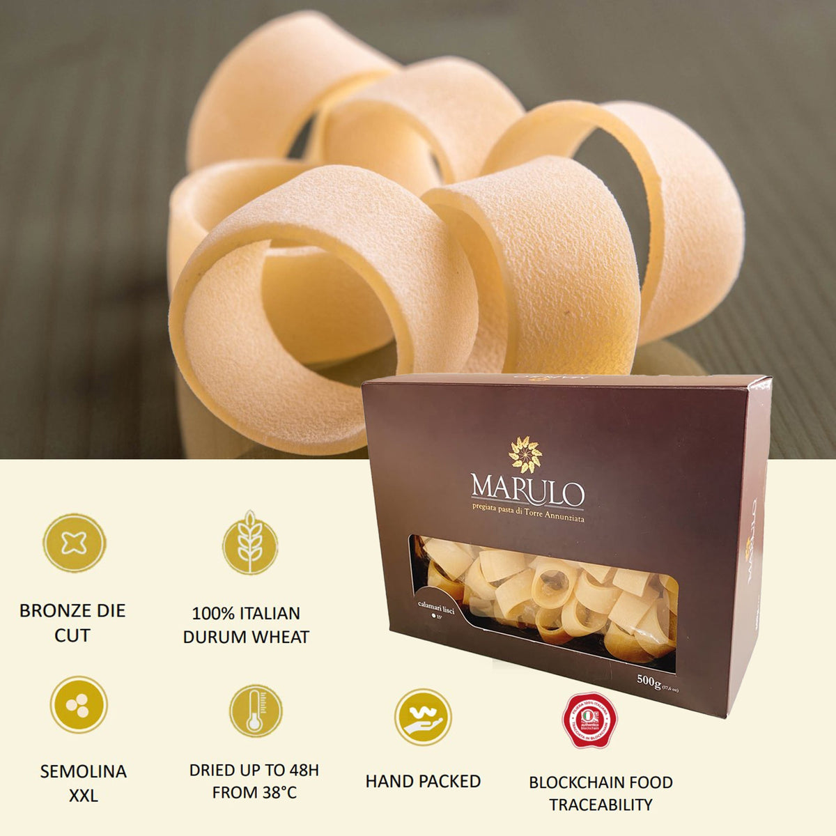Marulo, Organic Calamarata Bronze Die-Cut Pasta 500g