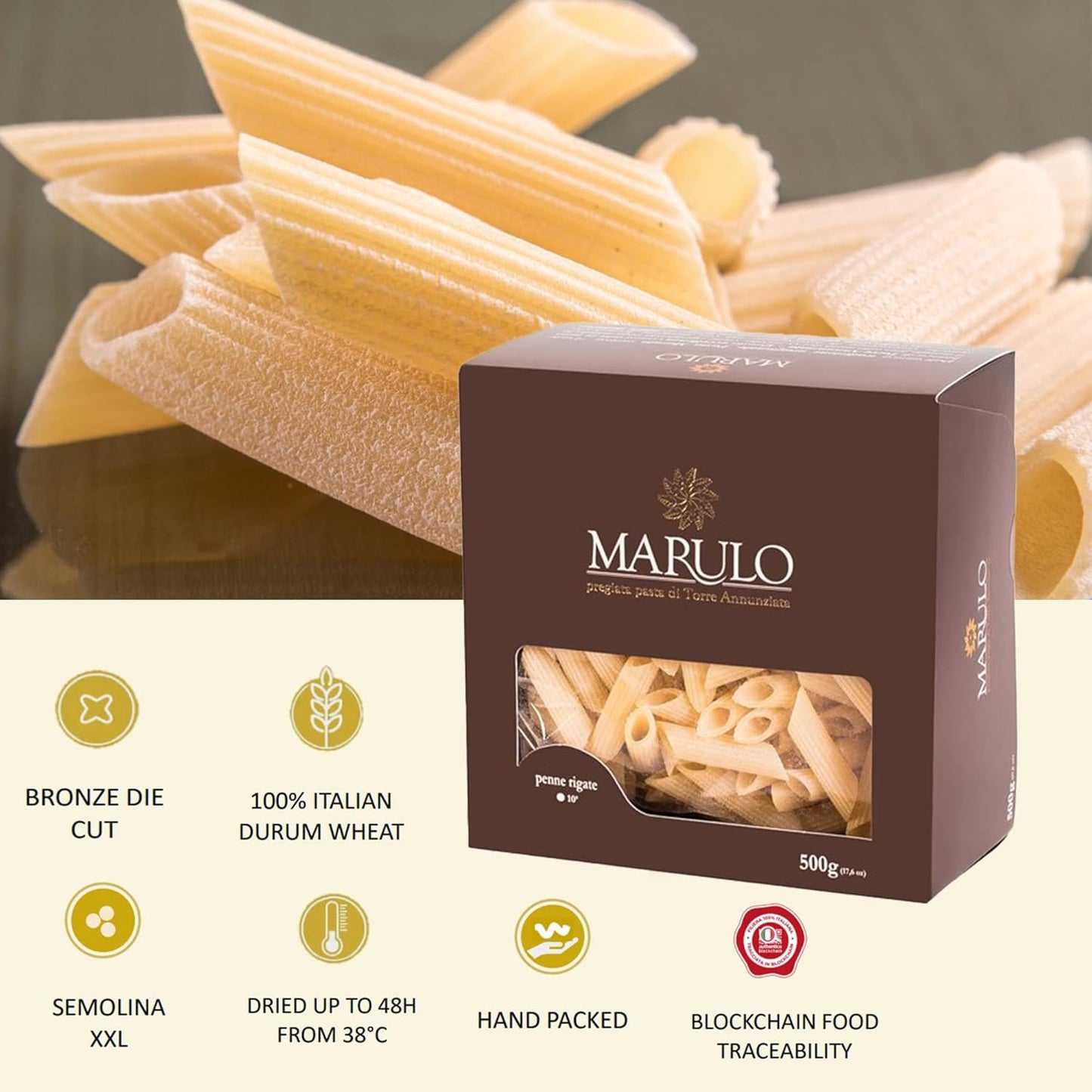 Marulo Organic Penne Pasta | Bronze Die-Cut | 12-Pack x 1.1 lb | Made in Campania, Italy