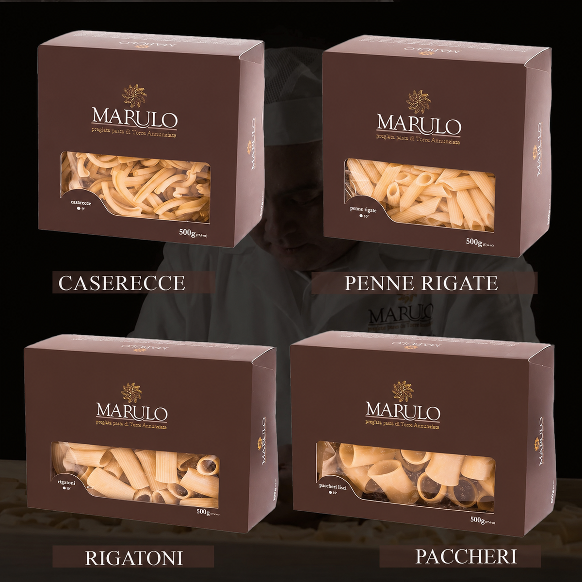 Marulo Exclusive Gourmet Pasta Gift Box – 8 x 1.1 lb (500g) | Bronze Die-Cut | Made in Italy