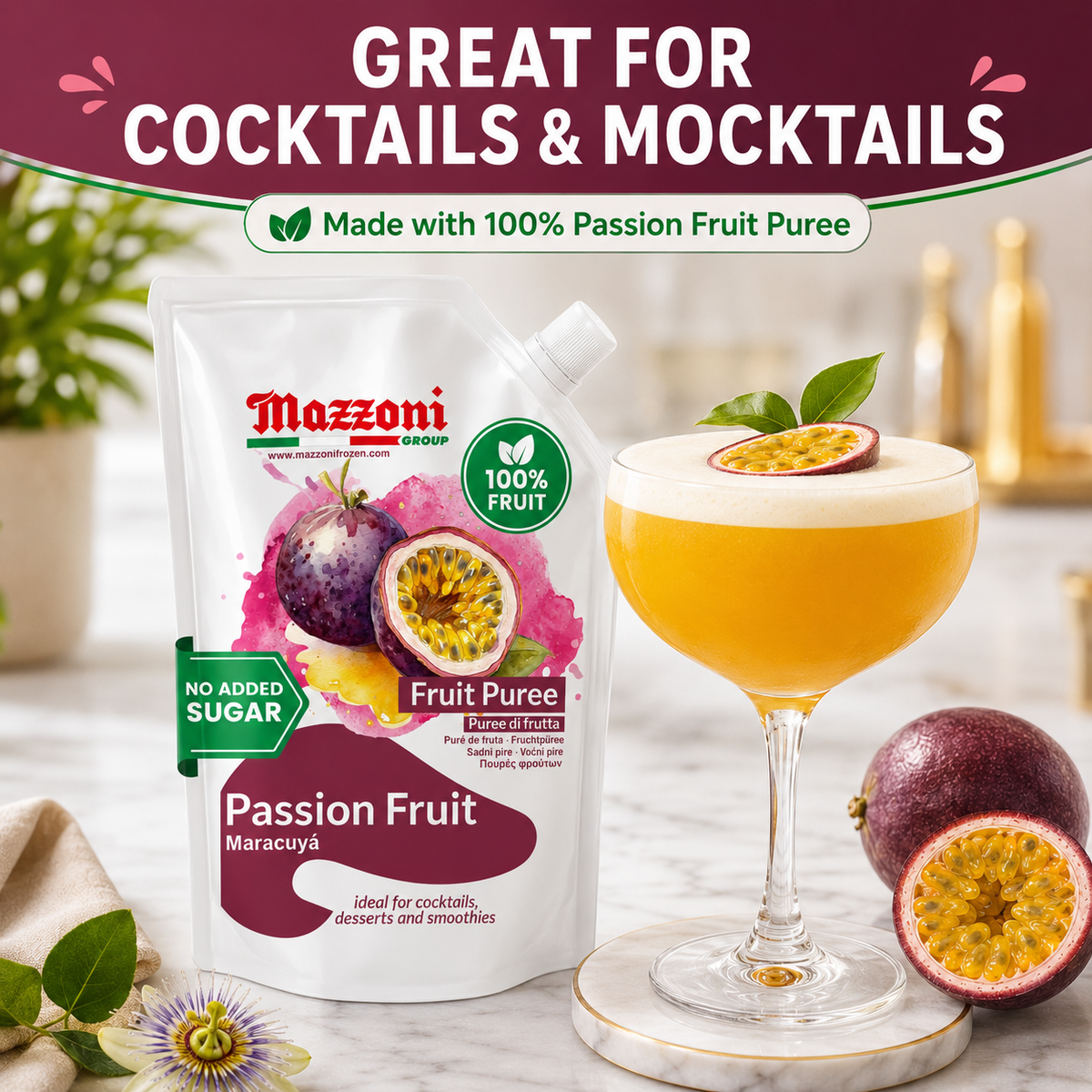 Mazzoni, Passion Fruit Puree, 100% Pure Maracuya, Just Fruit, No Sugar Added, 2.2 lb