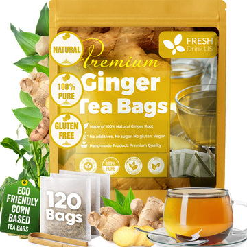 Premium Ginger Tea Bags, 100% Natural & Pure from Ginger Roots, Ginger Tea, Ginger Herbal Tea. Ginger Tea. No Sugar, No Caffeine, No Gluten, Vegan.