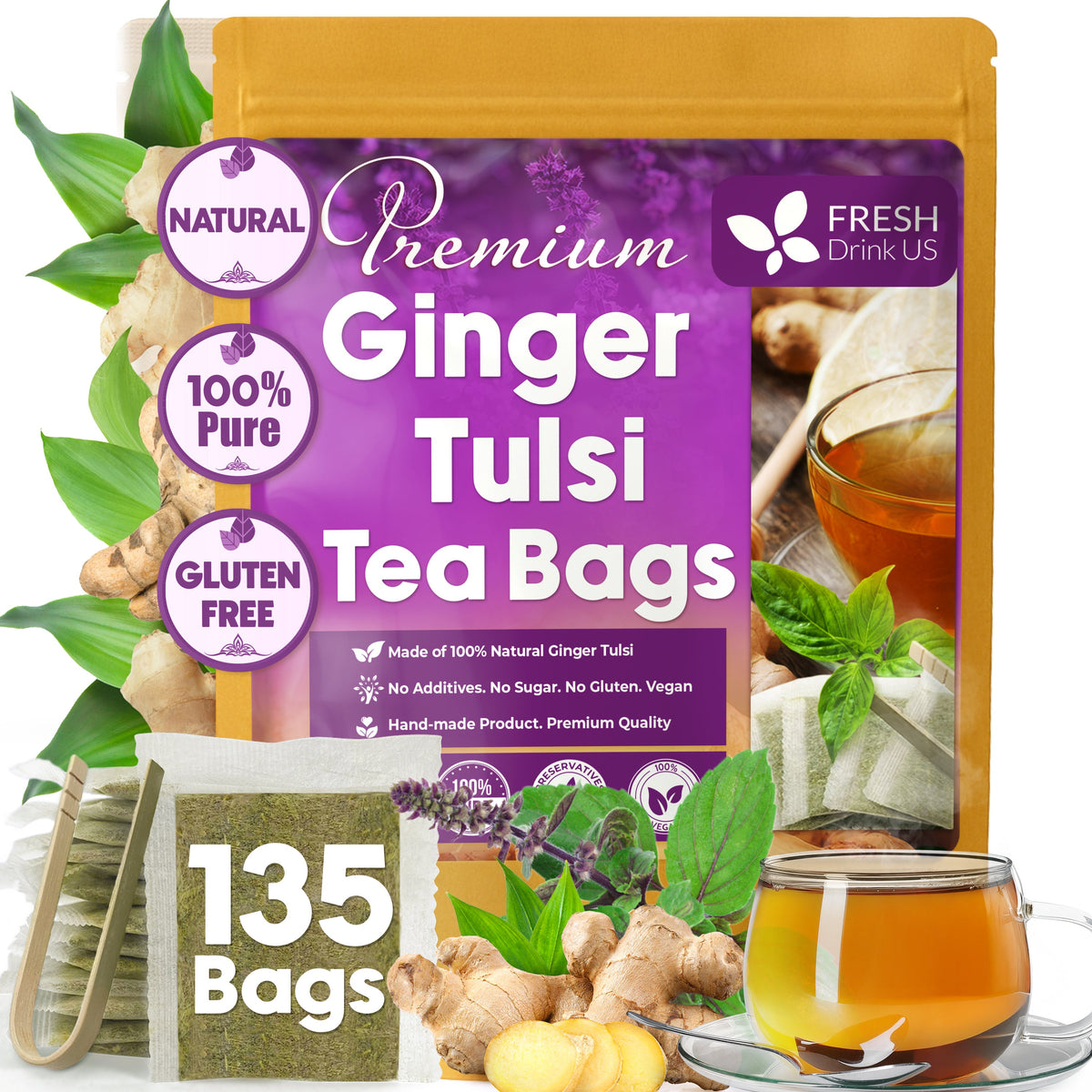 Premium Ginger Tulsi Tea Bags | Hand-made Blend of Ginger and Tulsi Holy Basil Leaves