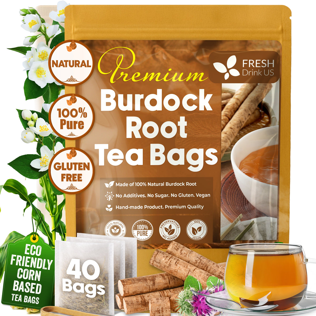 Burdock Root Tea Bags, 100% Natural & Pure from Burdock Root. Burdock Root Herbal Tea. Burdock Root Tea. No Sugar, No Caffeine, No Gluten, Vegan.