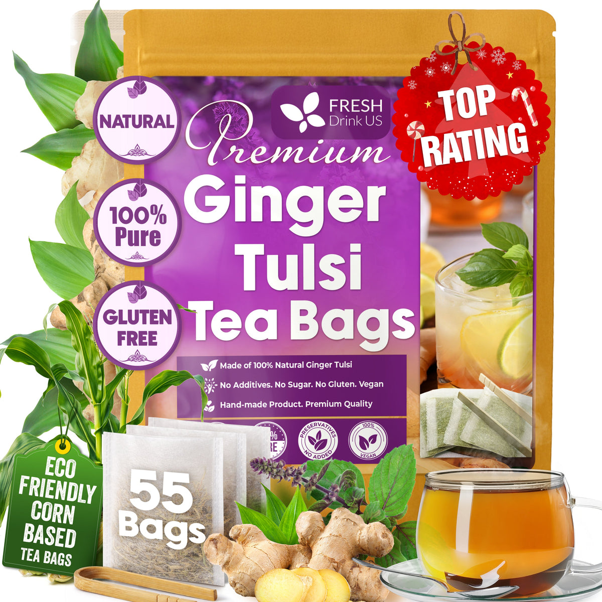Premium Ginger Tulsi Tea Bags | Hand-made Blend of Ginger and Tulsi Holy Basil Leaves