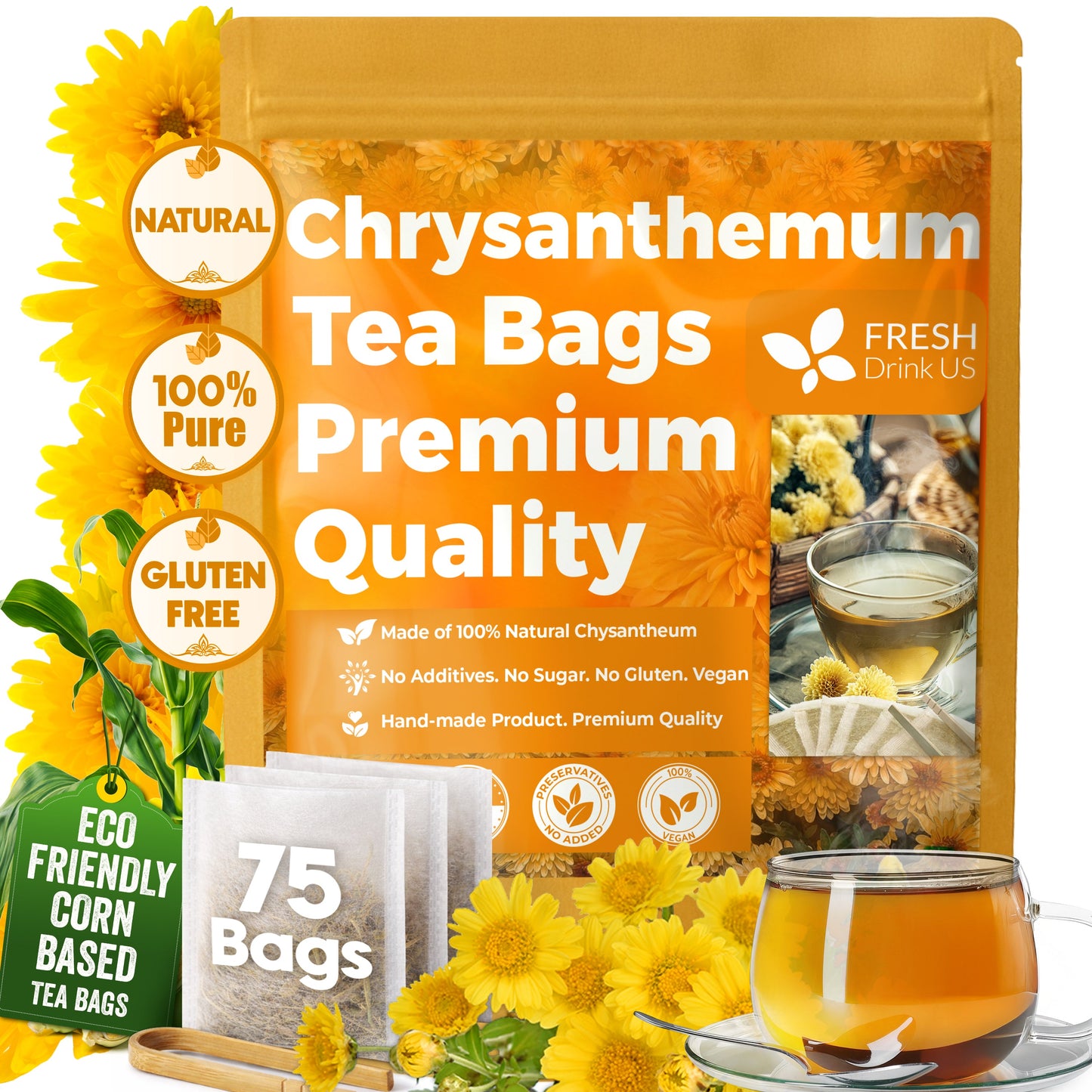 Premium Chrysanthemum Flower Tea Bags. Chrysanthemum Flower Herbal Tea. No Sugar, No Caffeine, No Gluten, Vegan.