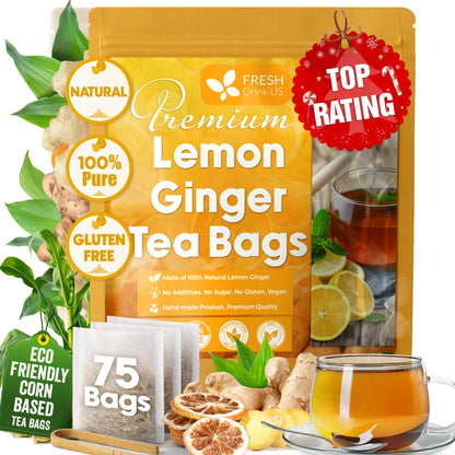 Premium Lemon Ginger Tea Bag, Eco-conscious Tea Bags. Lemon Ginger Herbal Tea. No Sugar, No Caffeine, No Gluten, Vegan.