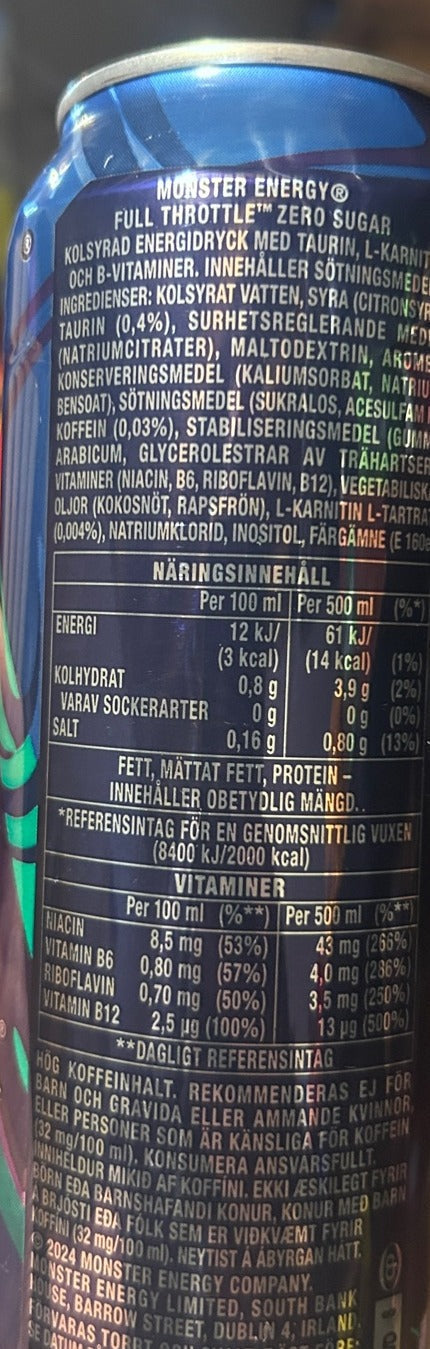 Monster Full Throttle Zero Sugar Energy Drink – Peach & Nectarine Flavor (Sweden)