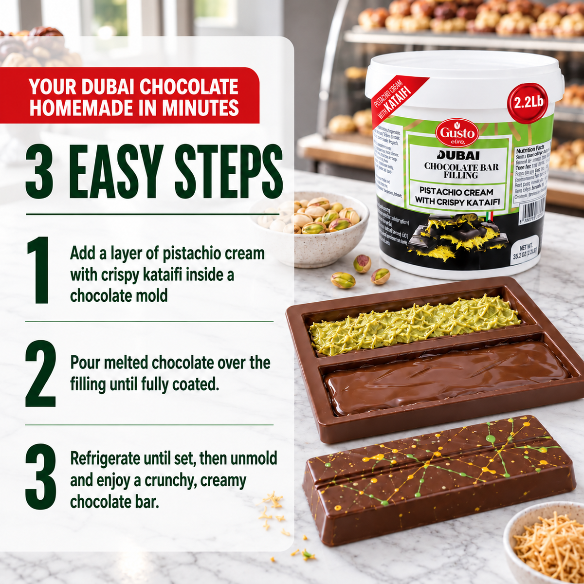 Gusto Etna Dubai Chocolate Pistachio Filling with Kataifi – 30% Pistachio – 1 kg (2.2 lb)