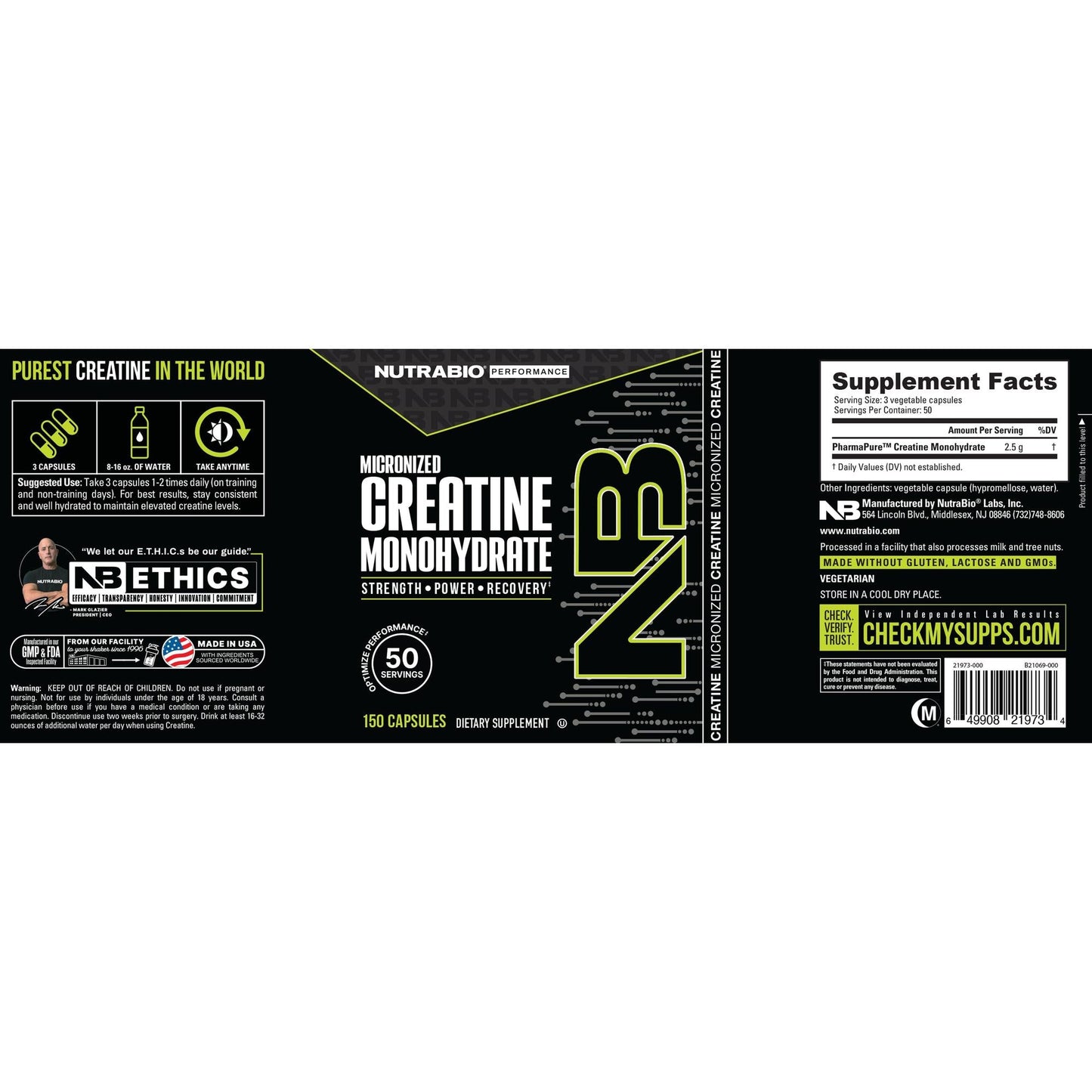 NutraBio Creatine Monohydrate - 150 Capsules