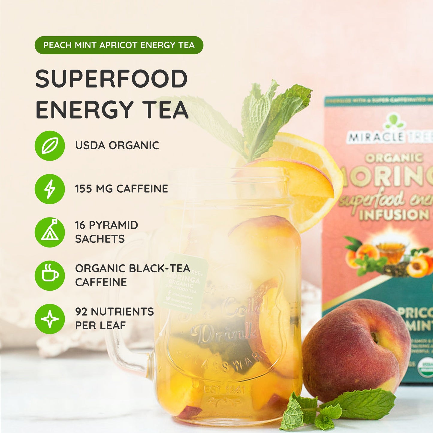 Organic Moringa Energy Tea - Peach Mint Apricot - Natural Coffee Alternative