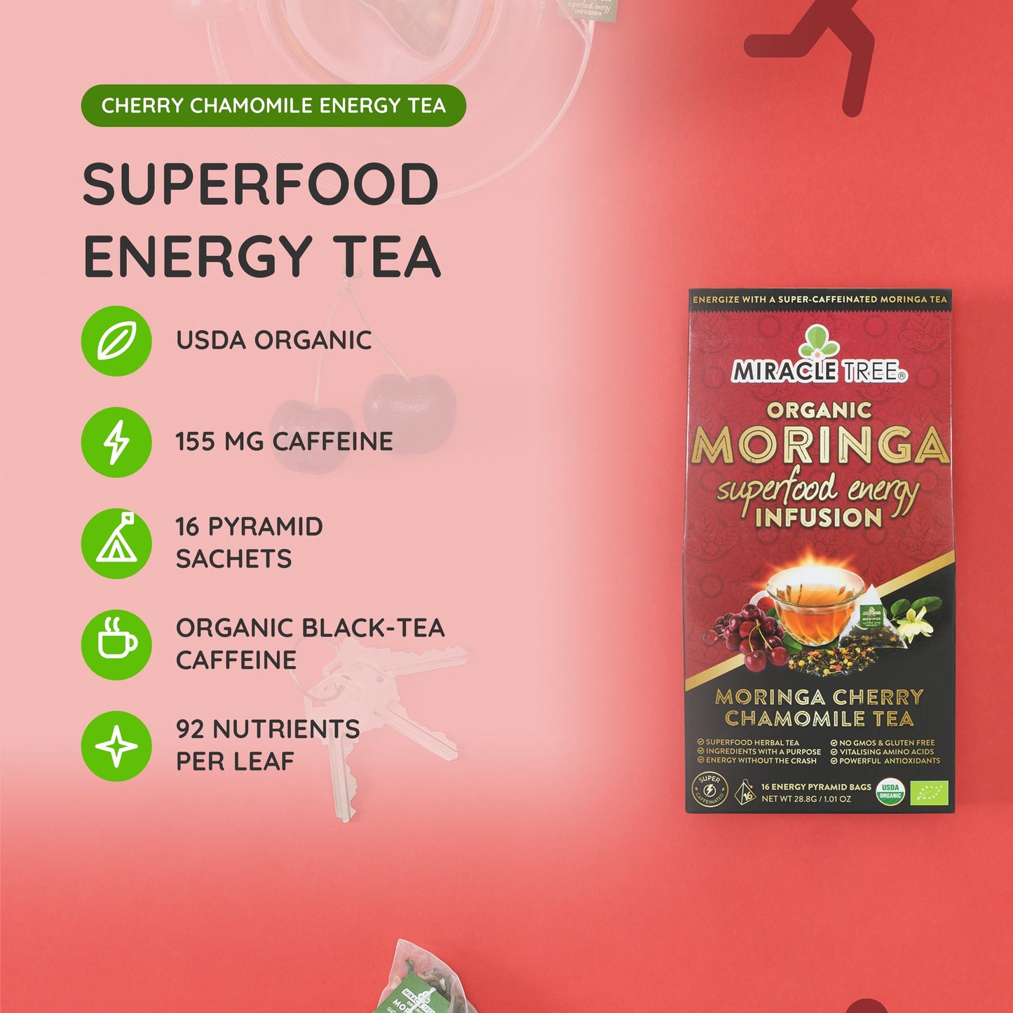 Organic Moringa Energy Tea - Cherry Chamomile - Natural Coffee Alternative