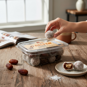 Golden Pearls Date Balls - Healthy Dessert Treats Stuffed With Tahini & Rolled In Coconut