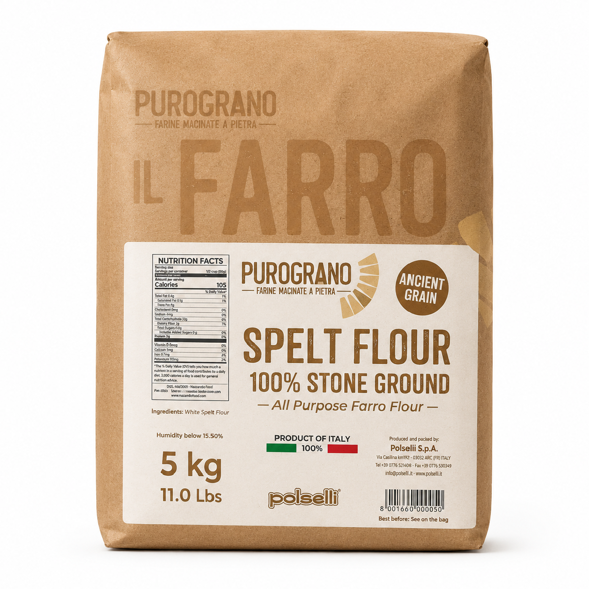 Polselli PuroGrano Spelt (Farro) Flour – 5kg (11 lb)