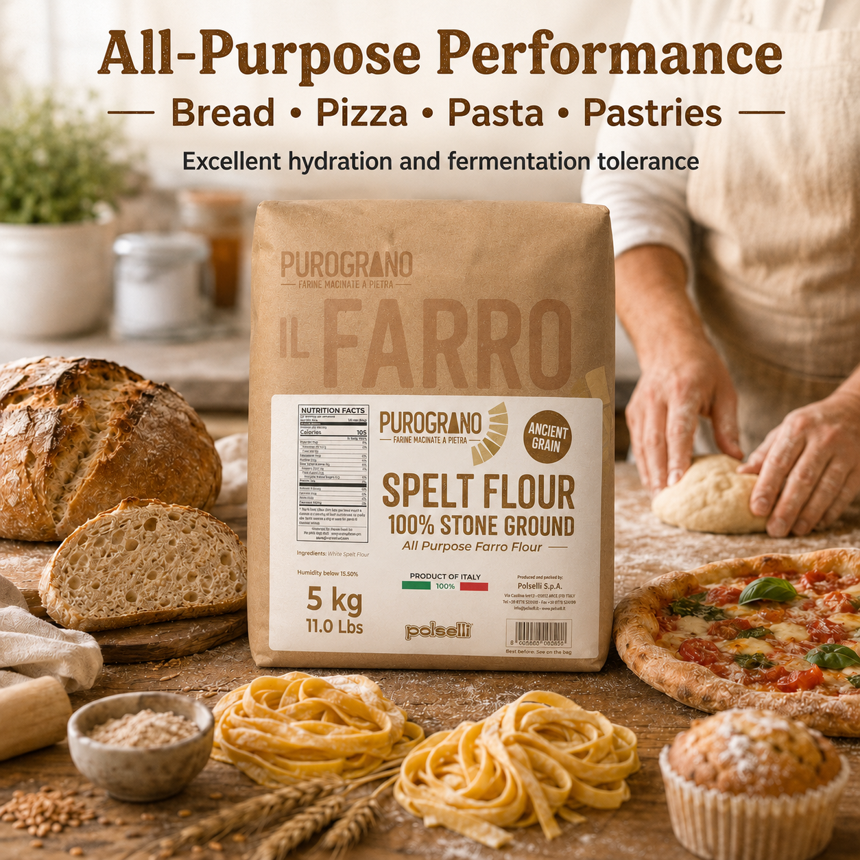 Polselli PuroGrano Spelt (Farro) Flour – 5kg (11 lb)