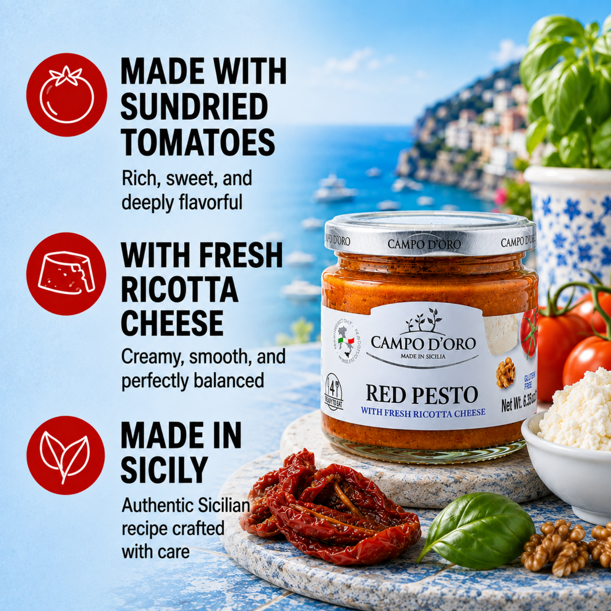 Campo D'Oro, Red Pesto Sauce, Sundried Tomato Pesto, 6.35 0oz
