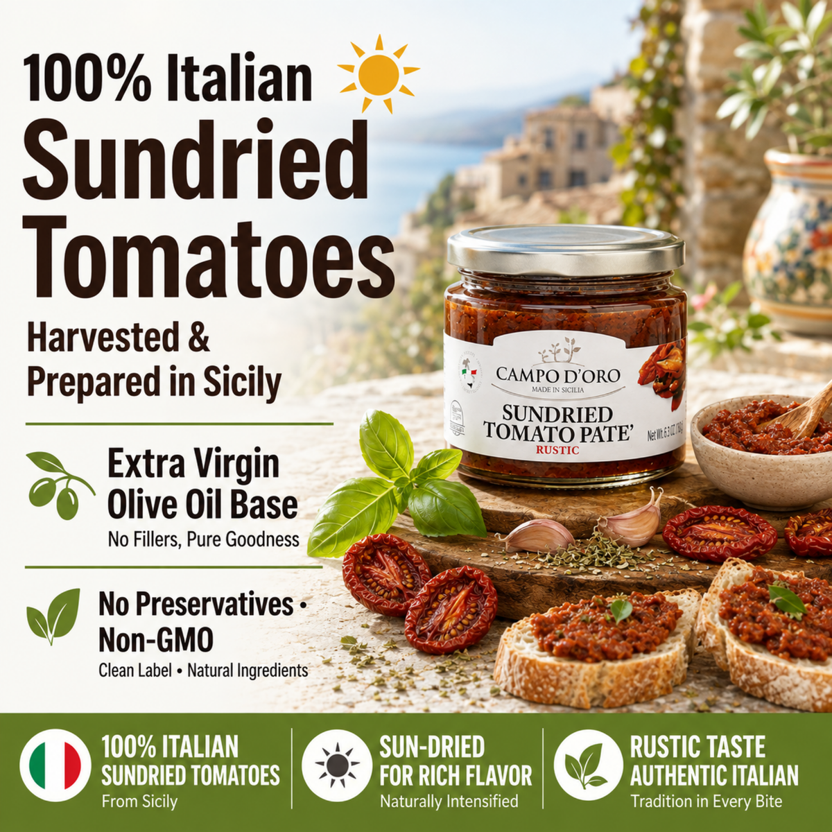 Campo D'Oro, Sundried Tomato Paté, Cream of dried Tomatoes in extra virgin olive oil 6.35 oz.