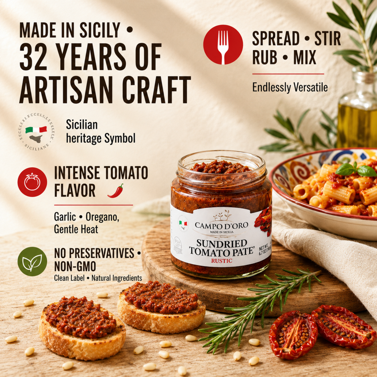 Campo D'Oro, Sundried Tomato Paté, Cream of dried Tomatoes in extra virgin olive oil 6.35 oz.
