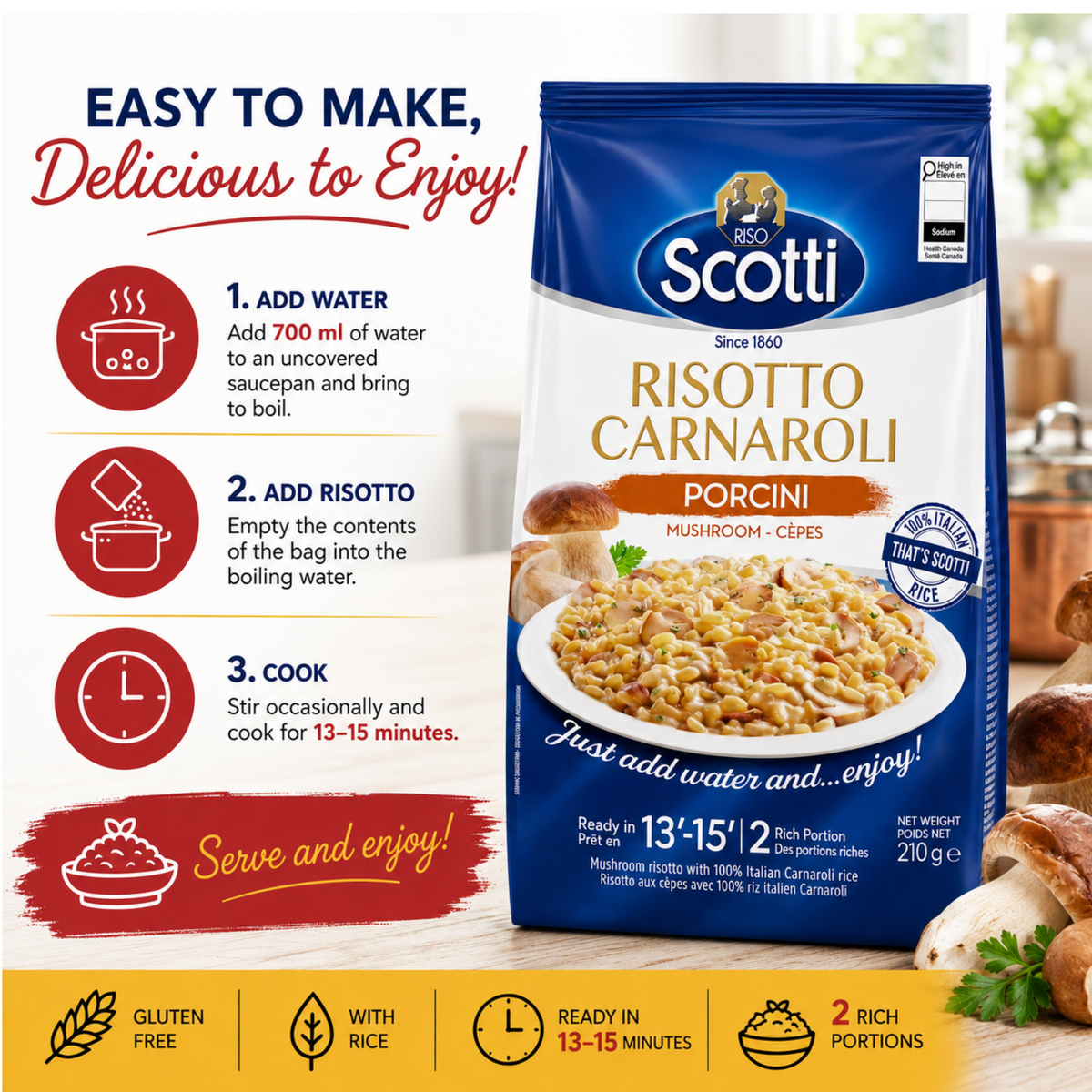 Riso Scotti Buona Idea Ready Risotto 15 Minute (Porcini) – 7.4 oz (2 Servings)
