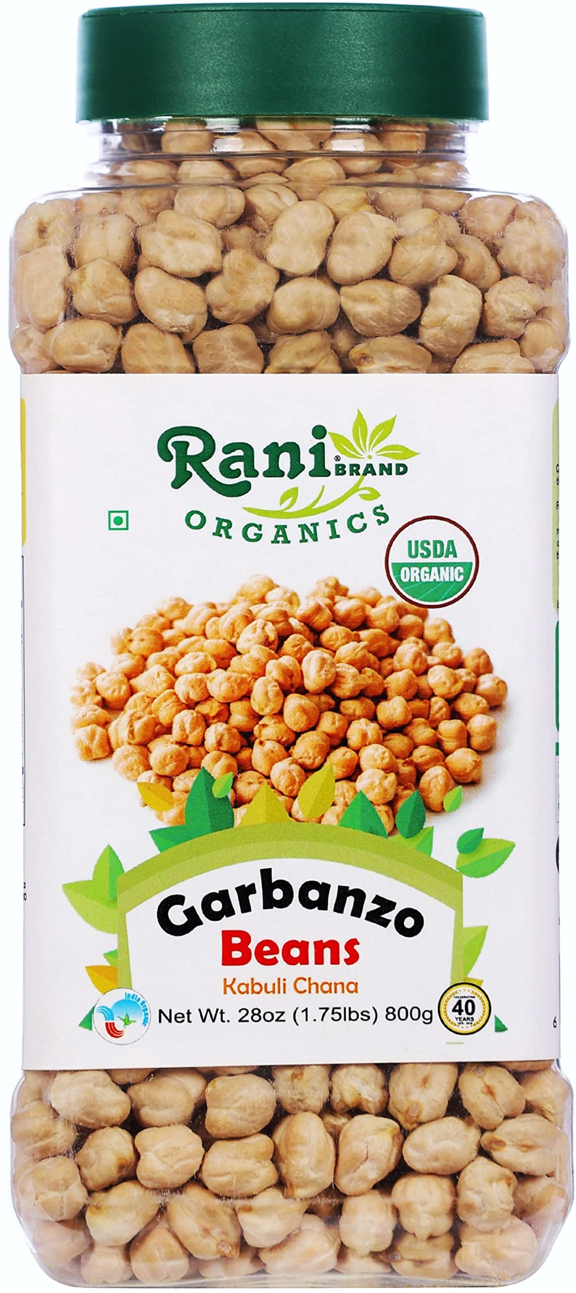 Rani Organic Garbanzo Beans (Kabuli Chana) 28Oz (800G) Pet Jar ~ All Natural | Vegan | Gluten Friendly | Non-Gmo | Indian Origin