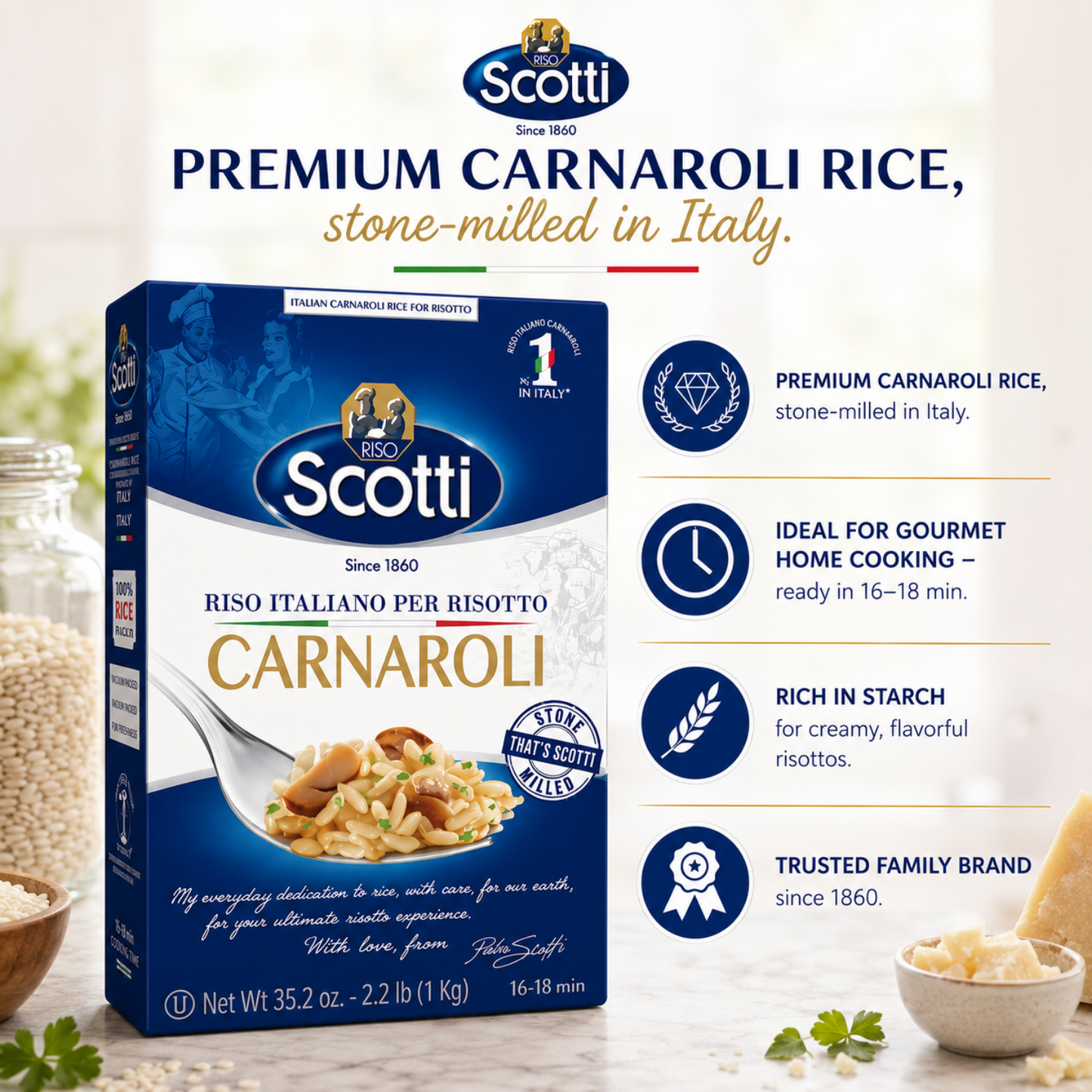 Riso Scotti, Carnaroli Rice Box, 2.2 lb (1 kg)
