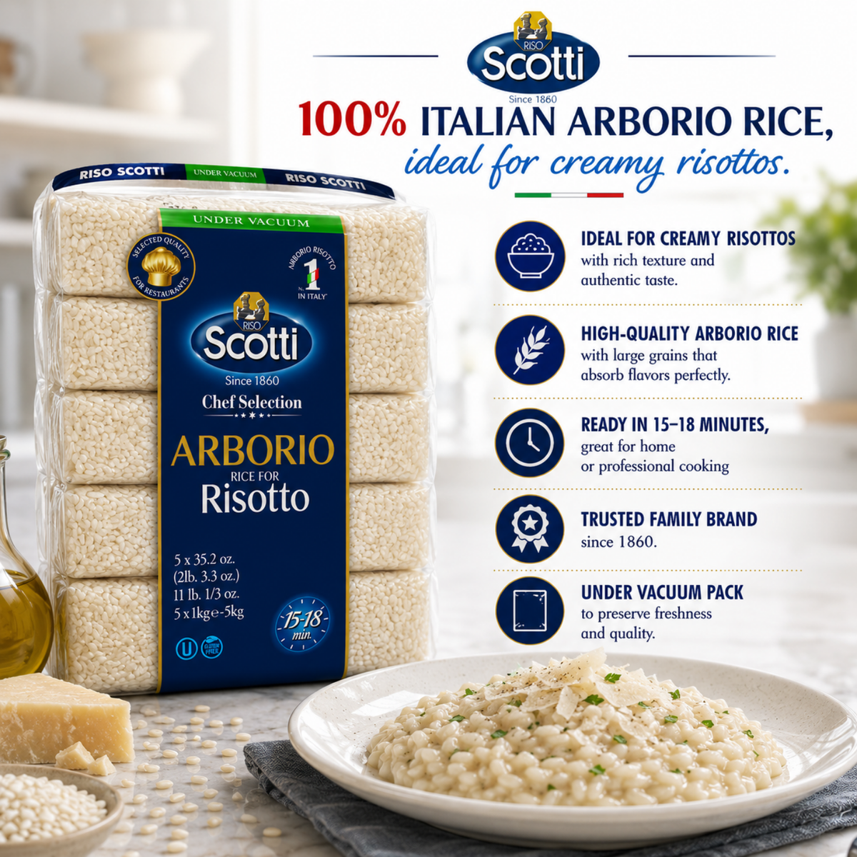 Riso Scotti Italian Arborio Risotto Rice – 5 x 1 kg (11 lb)