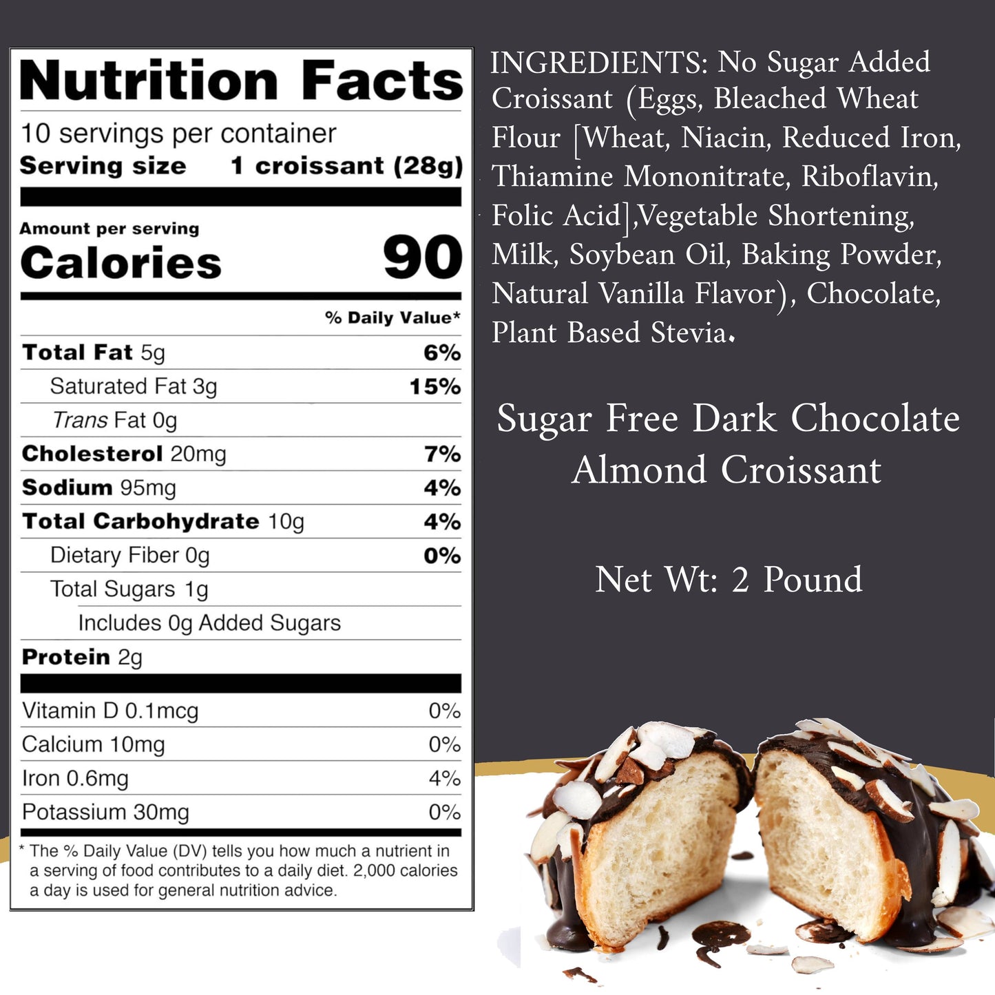Andy Anand Sugar Free Dark Chocolate Almond Croissants, 10 Pcs Handcrafted Guilt-Free Treats 2 lbs