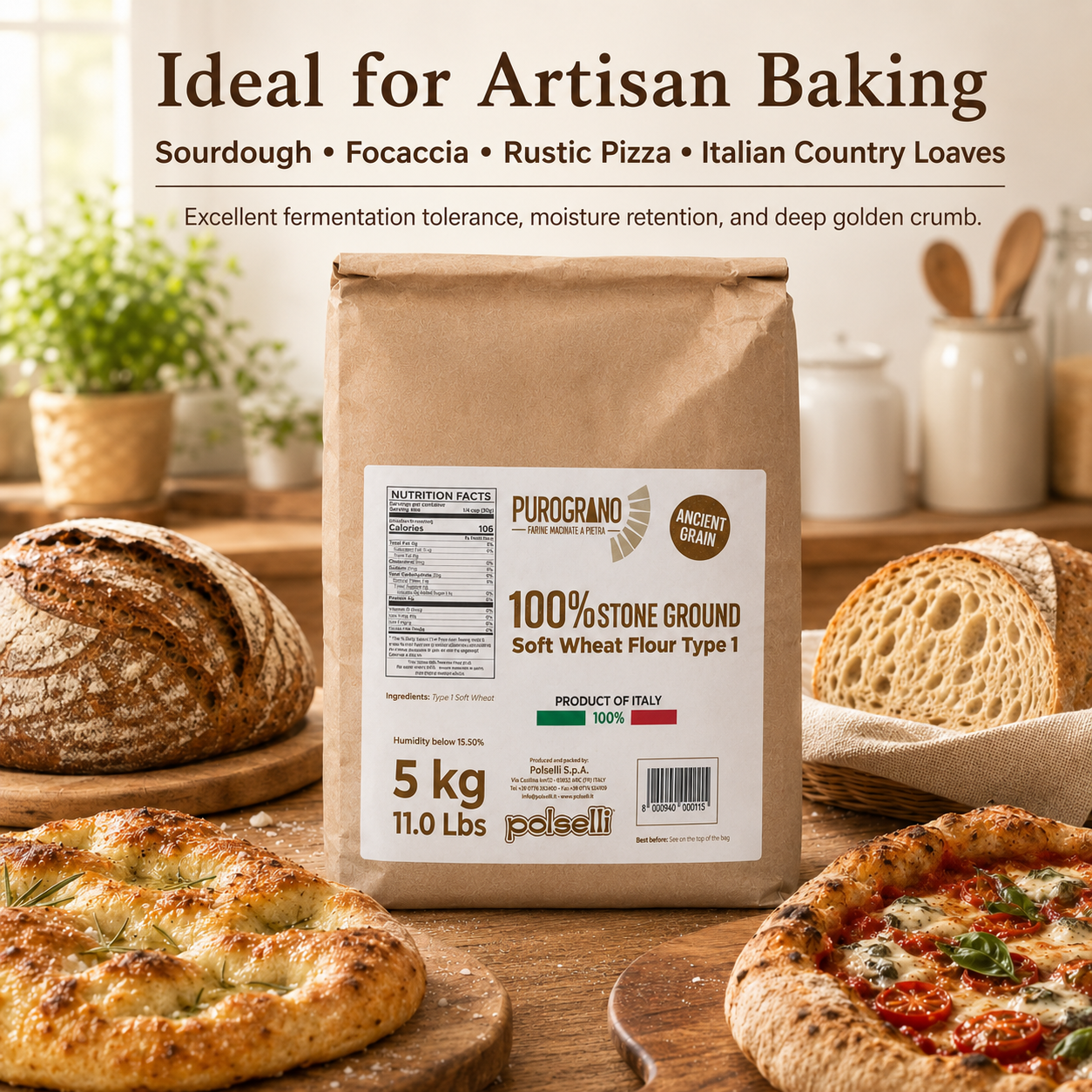 Polselli PuroGrano, Soft Wheat Flour Type 1 – 5kg (11 lb)