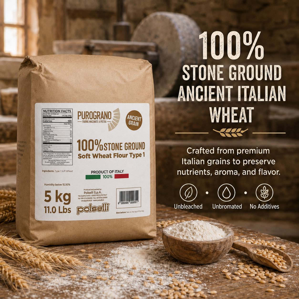Polselli PuroGrano, Soft Wheat Flour Type 1 – 5kg (11 lb)