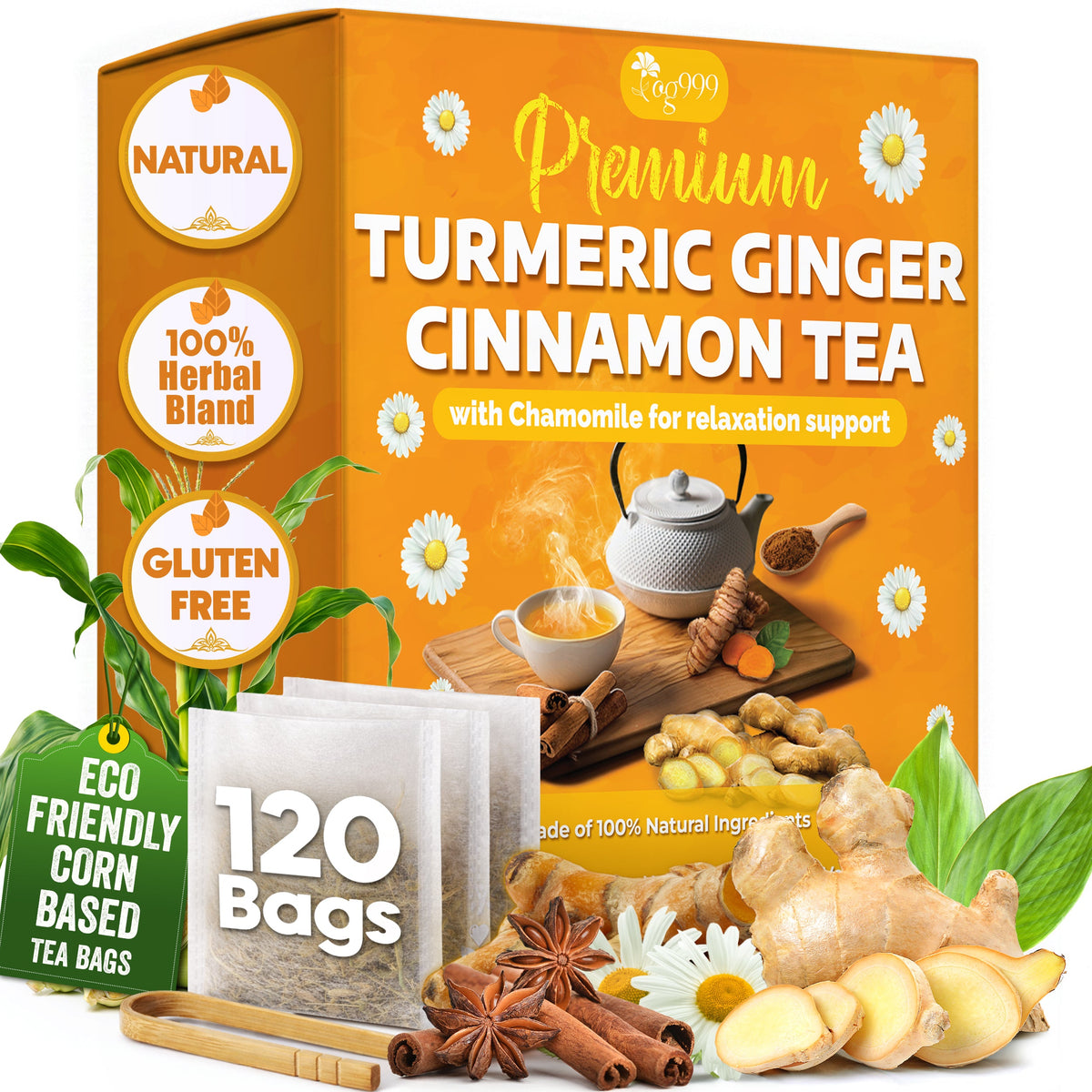 Premium Turmeric, Ginger, Cinnamon & Chamomile Flowers Tea | Improve Digestion, Support Brain, Weight, Skin and Sleep, Eco-Conscious Tea Bags