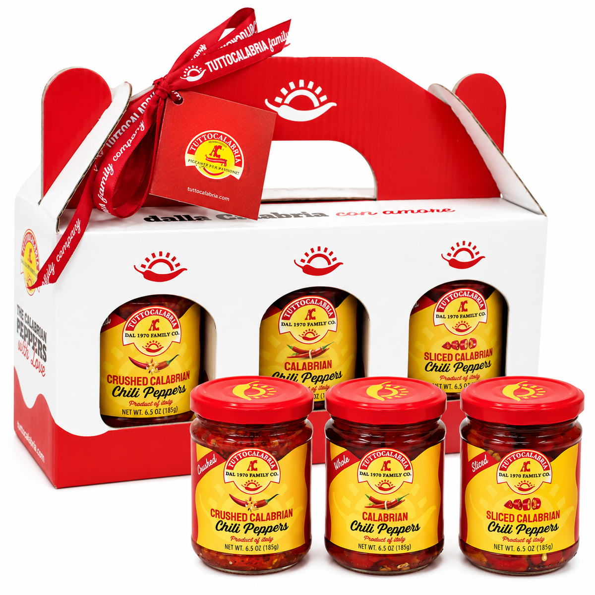 TuttoCalabria Calabrian Chili Pepper Gift Set – Hot Whole, Crushed and Sliced – 3 x 6.5 oz Jars