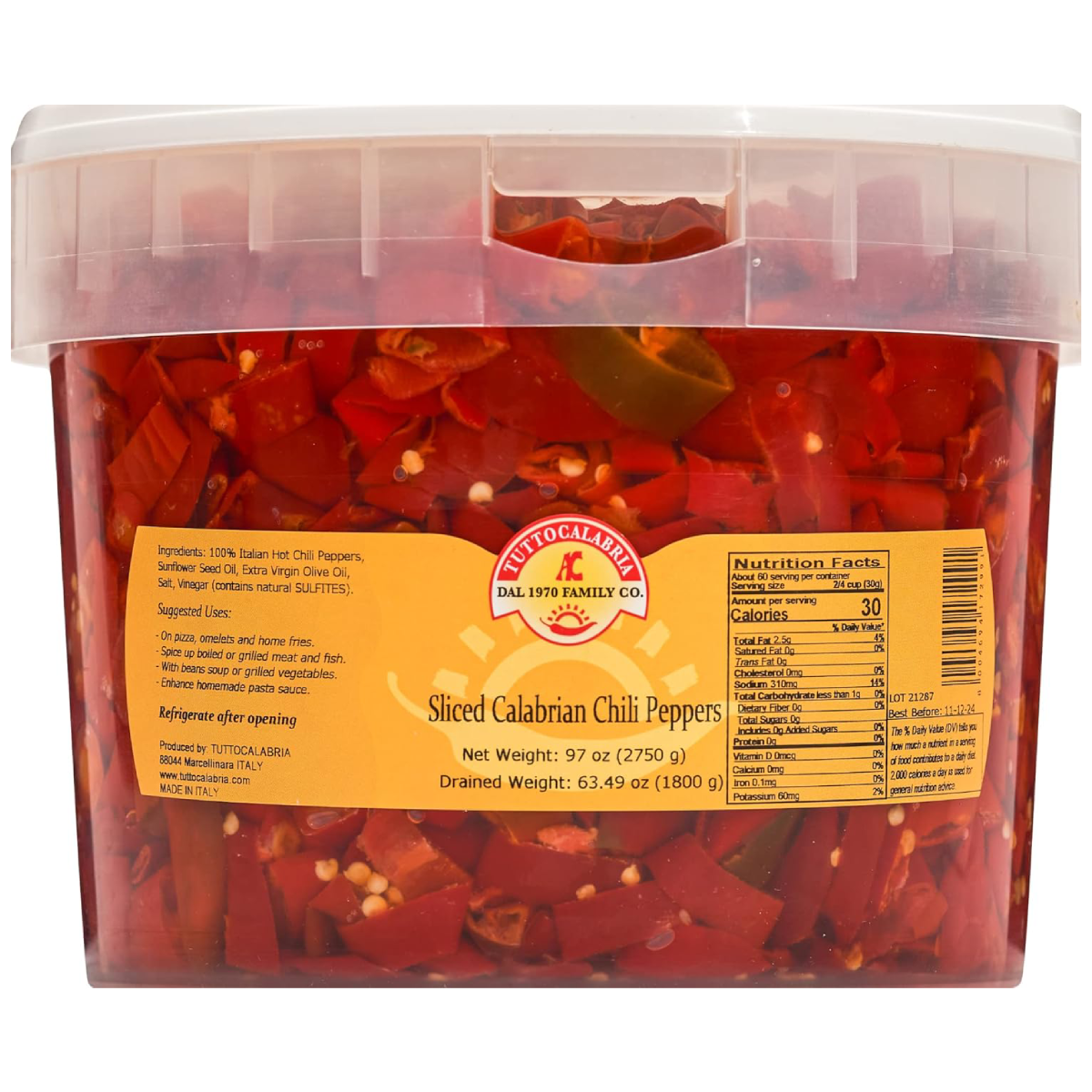TuttoCalabria Sliced Calabrian Chili Peppers BULK Tub, 98 oz