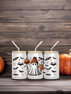Cute Ghost Halloween 16oz Glass Tumbler – Lid & Straw, Spooky Season Gift