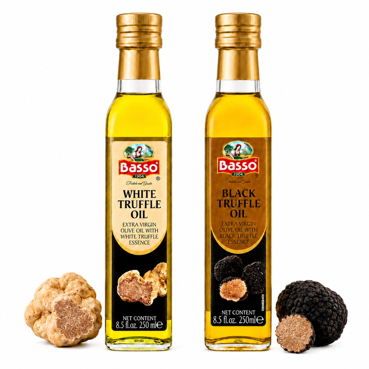 Basso 1904 Black & White Truffle Infused EVOO Duo – Gourmet Finishing Oils – 2 x 8.5 fl oz (250 ml)