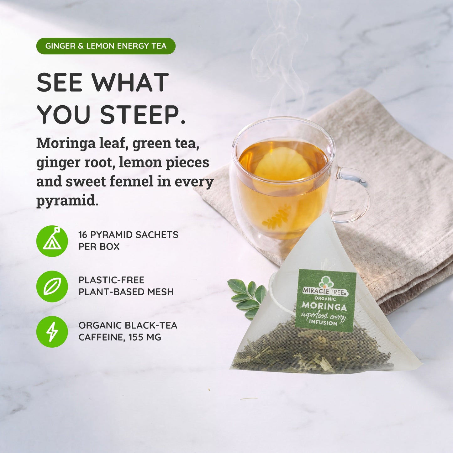 Organic Moringa Energy Tea - Ginger Lemon - Natural Coffee Alternative