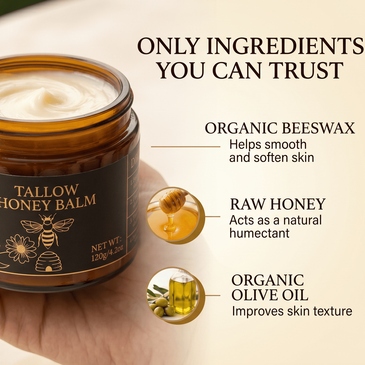 Organic Grass-Fed Beef Tallow Balm with Raw Honey – Handmade Deep Moisturizing Skin Balm for Dry Skin, Face & Body Care
