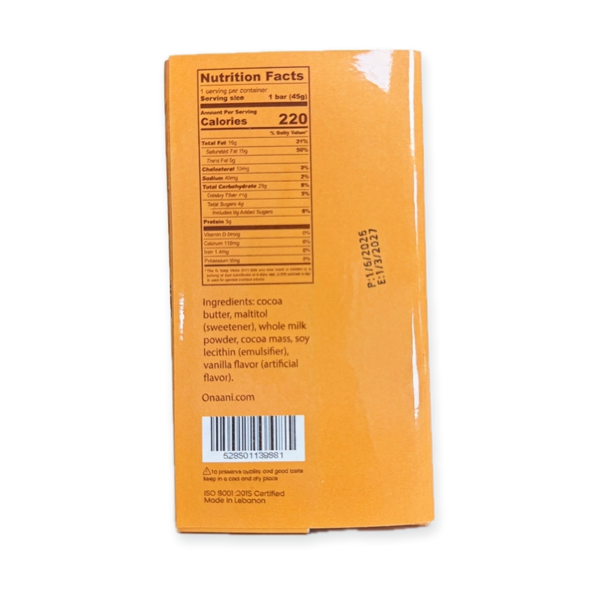 Onaani Milk Chocolate 45g - No Added Sugar Lebanese Chocolate Bar