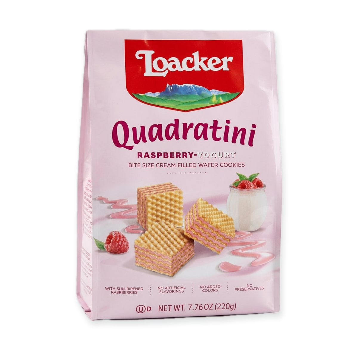 Loacker Quadratini Raspberry Yogurt 7.76 oz - Bite-Size Wafer Cookies