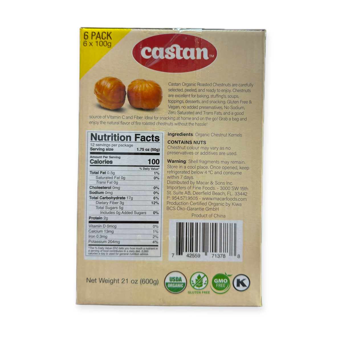 Castan Roasted Whole Chestnuts Snack – 6 Pack