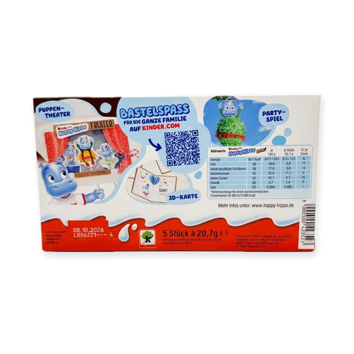 Kinder Happy Hippo Kakao 103.5g (5 Pack) - Chocolate Hazelnut Wafer
