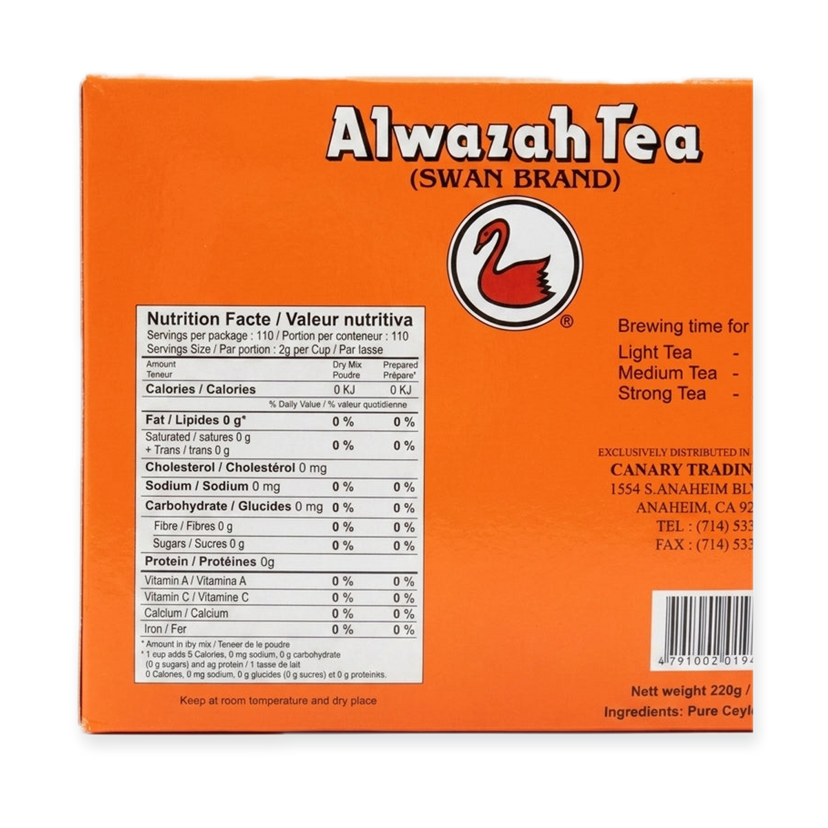 Alwazah Tea Swan Brand 110 Tea Bags - 100% Natural Ceylon Tea